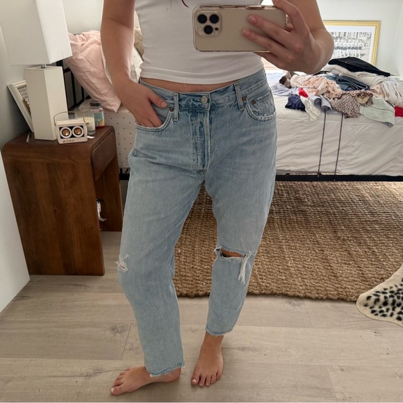 Agolde High Rise Light Wash Distressed Boyfriend Jeans - Picture 1 of 2